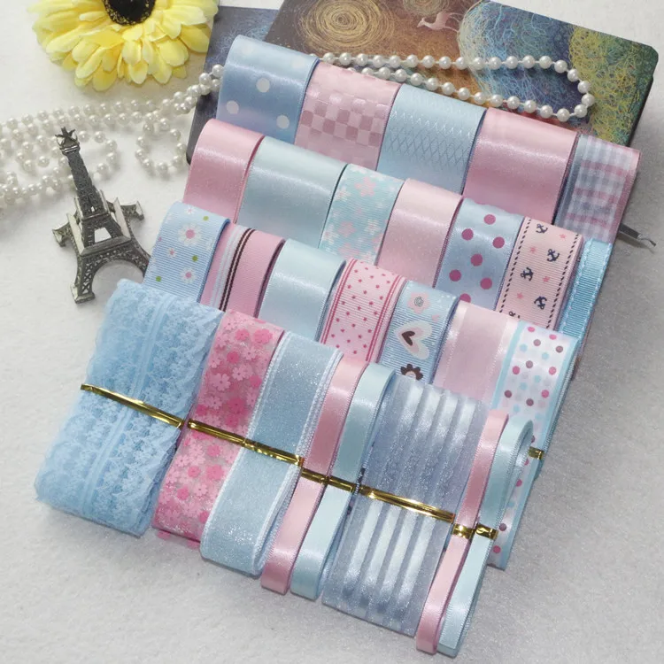 

Pink & Light Blue Color Mix Ribbon Set For Diy Handmade Gift Craft Packing Hair Accessories Materials Wedding Ribbon Package