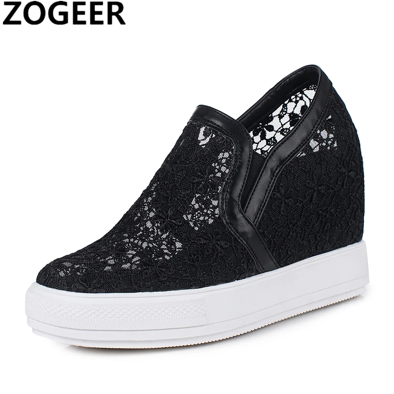 

Plus size 45 Women Casual Shoes Ladies Cutouts Lace Breathable Platform Flat Shoes Woman Wedges Sneakers Shoes Black White Pink