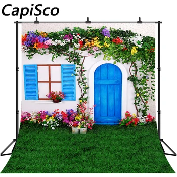 

Capisco Thin vinyl children photography backdrop Blue wooden door Flower vine Green grass Wedding photo backgrounds for studio