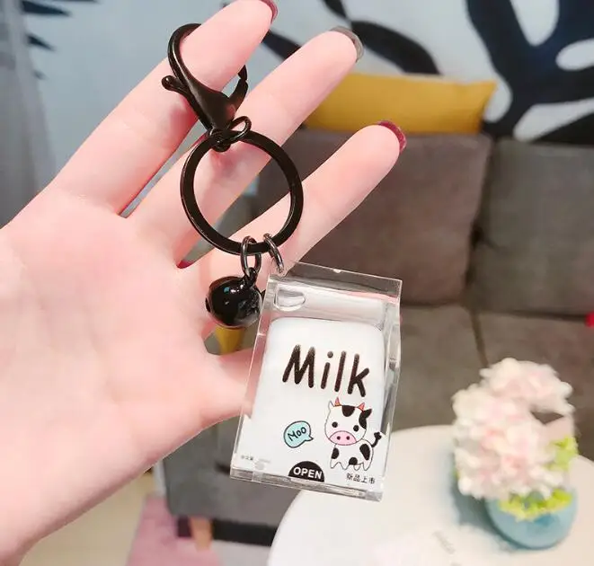 Creative Dairy Cow Milk Drinks acrylic Keychain Fruit Milk Moving Liquid Keyrings decompression drift bottle Jewelry Kids Gifts - Color: white milk