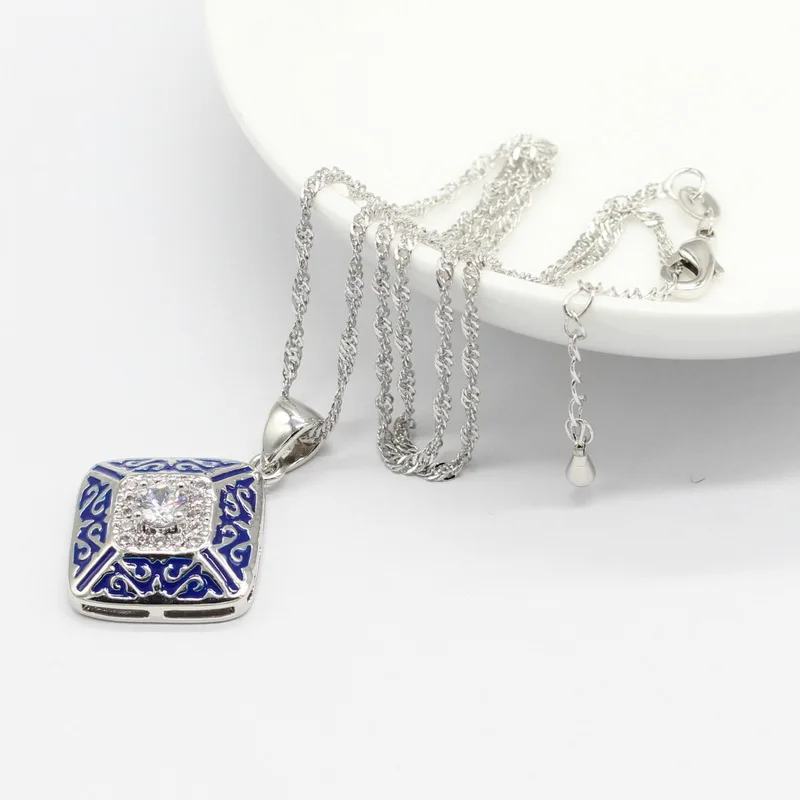 Синий Белый полудрагоценный 925 серебряные ювелирные наборы для женщин квадратная форма серьги-кольца ожерелье Кулон Кольцо подарочная коробка
