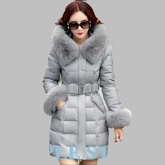 Cheap 2016 Winter Women Coat New Fox Fur Collar Leather Jacket Medium long Thick Down Jacket Large size Fashion Sheep Skin Coat AB224