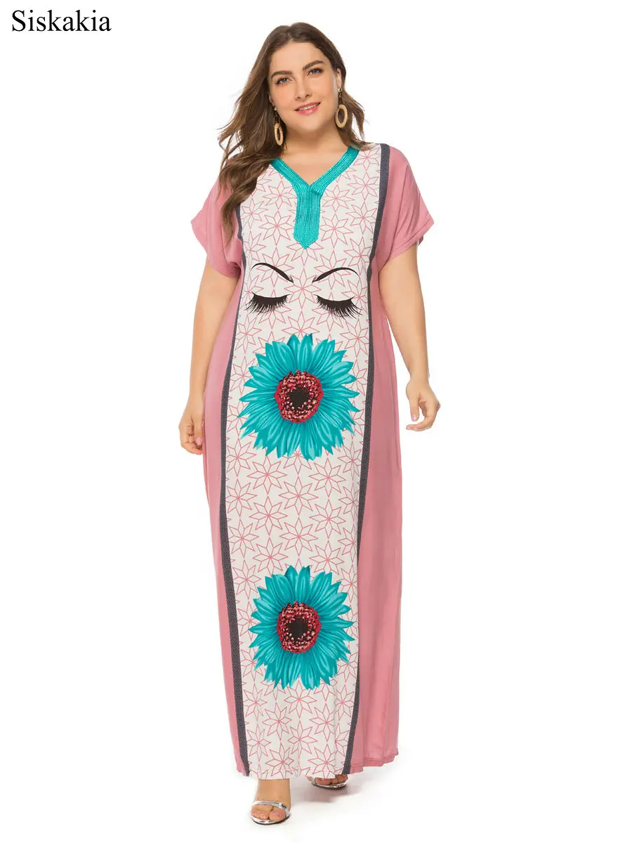 Siskakia Flower Print Plus Size Women Maxi Long Dress Vintage Loose V Neck Short Sleeve Female Dresses Blue Pink Summer 2019 New (11)