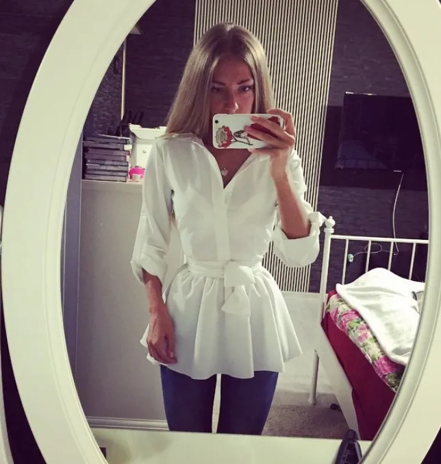 

White Bandage Shirt Fashion Women Deep V Neck Sleeve Chiffon Blouse Women Tops Blusa Feminina