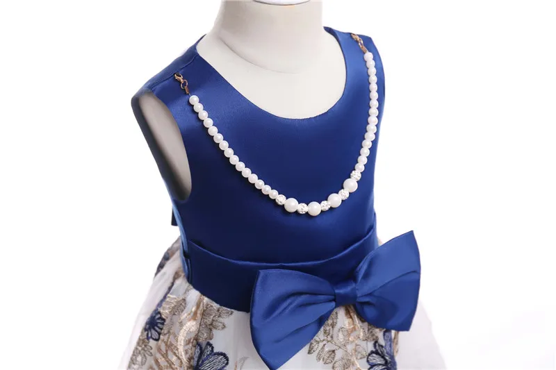 Embroidered Mesh Gauze Children Female Princess Dress Europe and United States Dawn New Sleeveless Pearl Girls Dark Blue Dress03