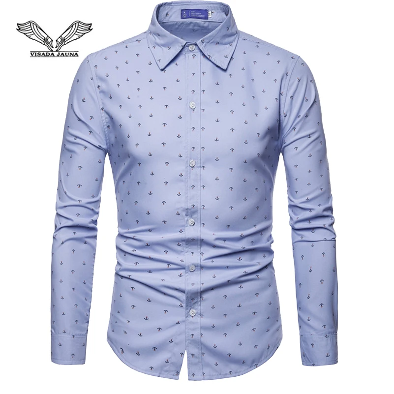 

VISADA JAUNA 2019 New Men's Fashion Anchor Print Shirt Beach Long Sleeve Shirt Size M-4XL TLH67