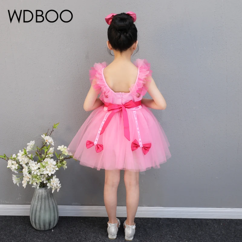 WDBOO/Детское платье пачка из вуали с цветочным узором на бретельках розовое