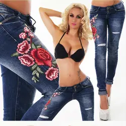 2018 high street style узкие брюки с вышивкой джинсы Для женщин Высокая Талия джинсовые штаны тянущиеся рваные джинсы Для женщин