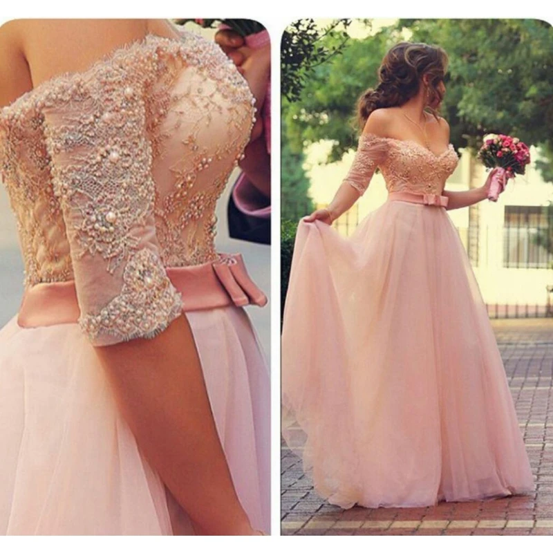 Elegant said Mhamad Lace Sleeves Straight Long Evening Dress 2017 New Hot Borns Of Pink Chiffon Floor Length | Свадьбы и торжества