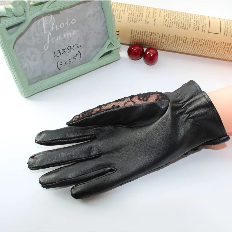 2017 Summer Genuine Sheep Leather Gloves for Women Sunscreen Lace Gloves Ladies Anti UV Anti-slip Driving Gloves Female Mittens