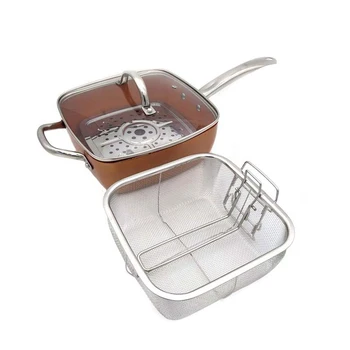 

Copper Square Pan Induction Glass Lid Fry Basket With Stainless Steel Handle, Steam Rack 4 Piece Set, 9.5 Inches