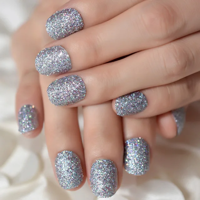 Silver Glitter Press On Nail Short Round Design Artificial False Silver Glitter Press On Nail Short Round Design Artificial False Nails Easy Diy Full Tips