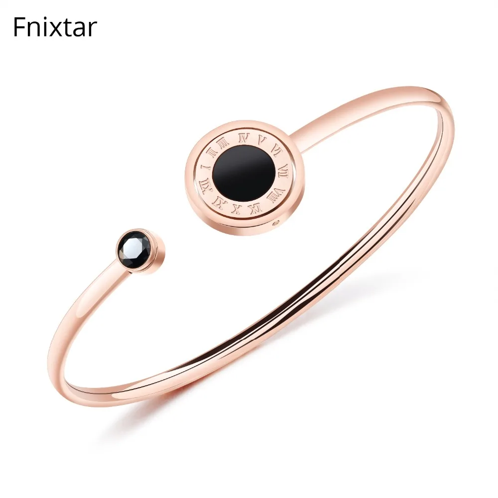 

Fnixtar Adjustable Open Stainless Steel Bangle Bracelet for Women Fashion Rose Gold Color Cuff Roman Letter Bangles Girl Jewelry