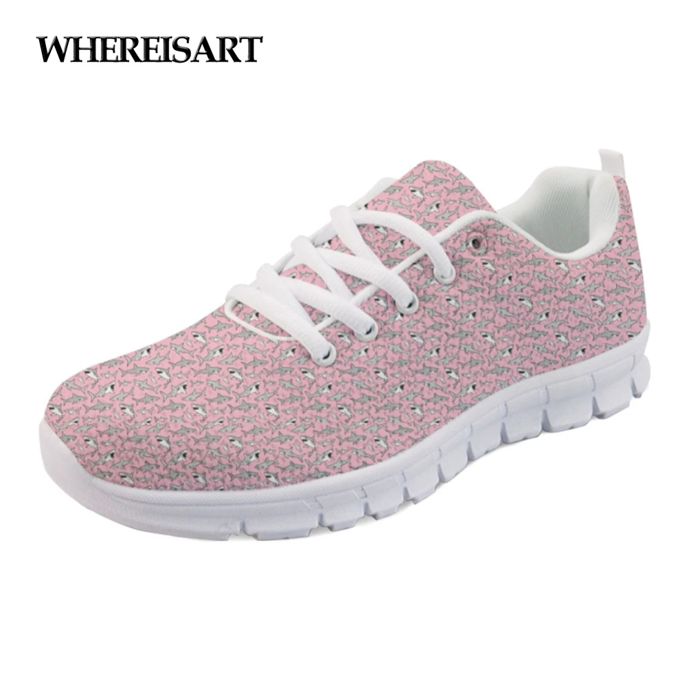 

WHEREISART Women's Sneakers Pink Cartoon Cute Shark Fashion Female Mesh Flat Shoes Lightweight Ladies Zapatillas Mujer Sapato