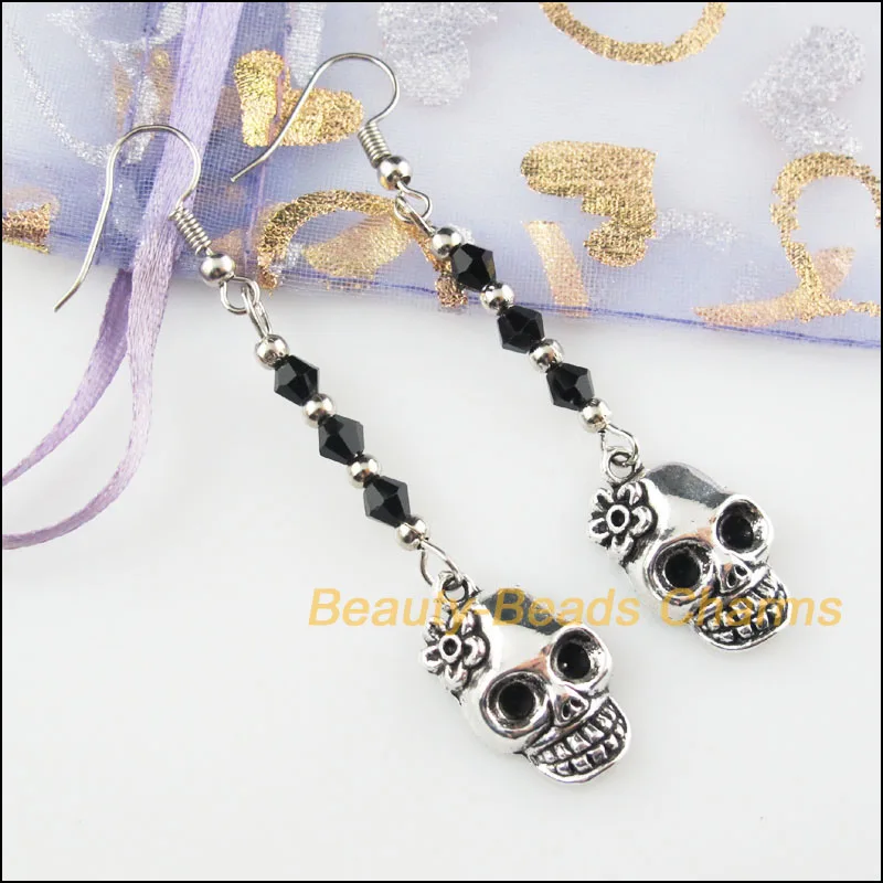 1 пара хрустальных черных бусин цветок Череп Подвески кисточкой серьги крюк подарок