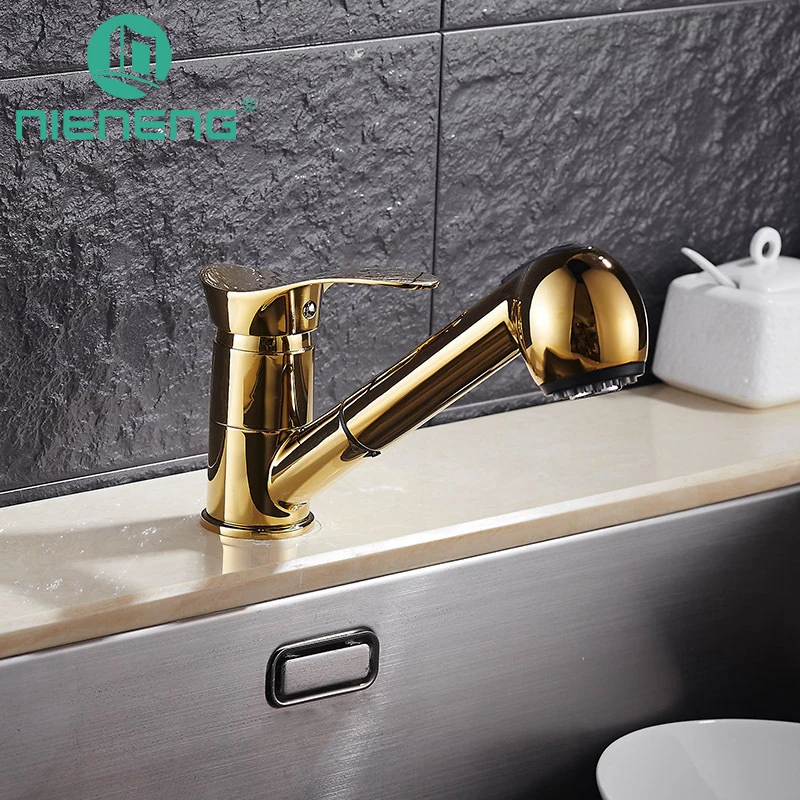

Nieneng Golden Kitchen Sink Faucet Pull Out Chrome Sprayer 360 Degree Rotation Vessel Hot Cold Water Tap Decoration ICD60388
