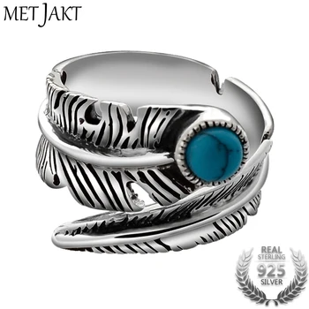 

MetJakt Natural Vintage Turquoise Feather Rings Solid 925 Sterling Silver Open Rings for Lovers' Jewelry Handmade Ring