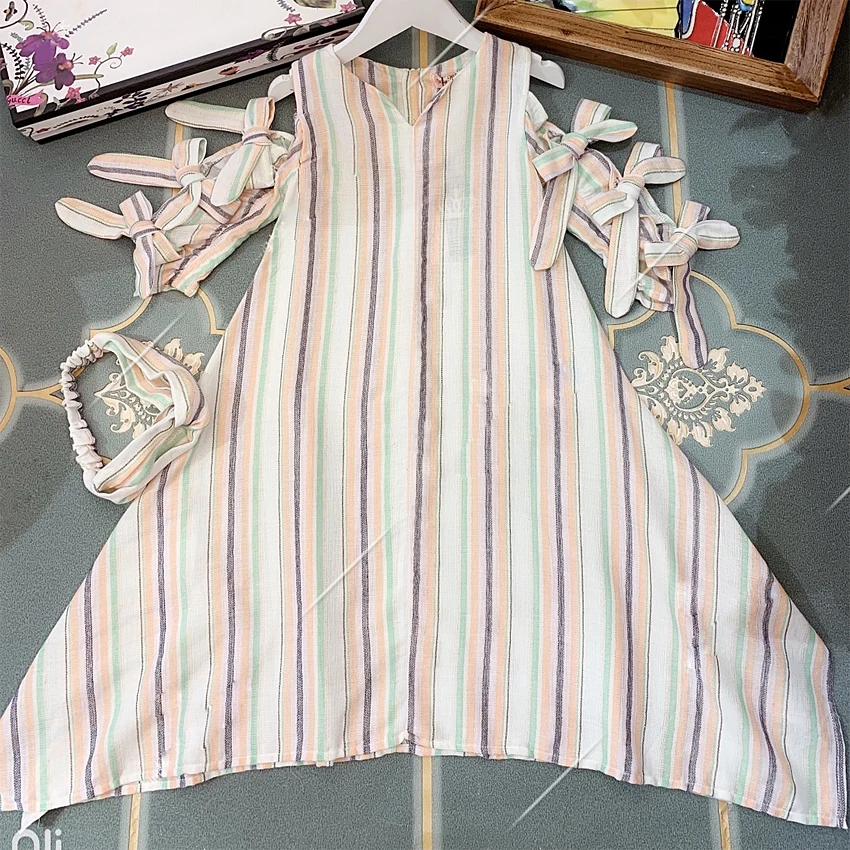 

6414 Striped Print Hollow Sleeve Brand Princess Baby Girl Dress Spring Fall Party Kid Dress For Girl Wholesale Baby Girl Clothes