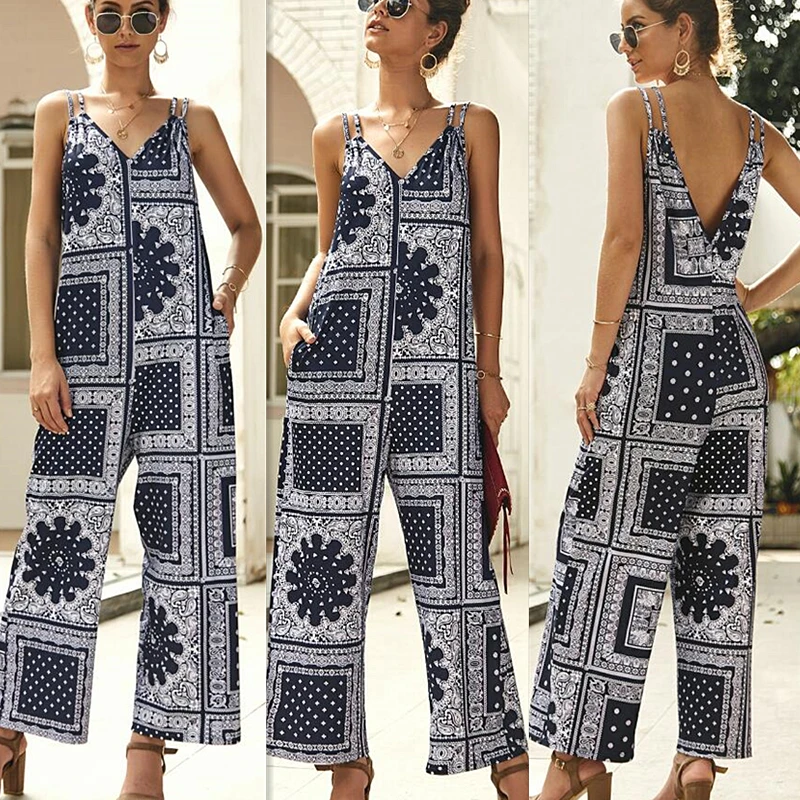 2019 Летний Новый Boho женский с v-образным вырезом цветочный принт комбинезон