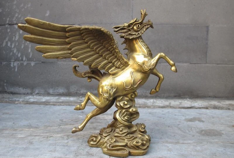 

8" Chinese FengShui Pure Brass dragon head fly horse body auspicious statue a(5.19)