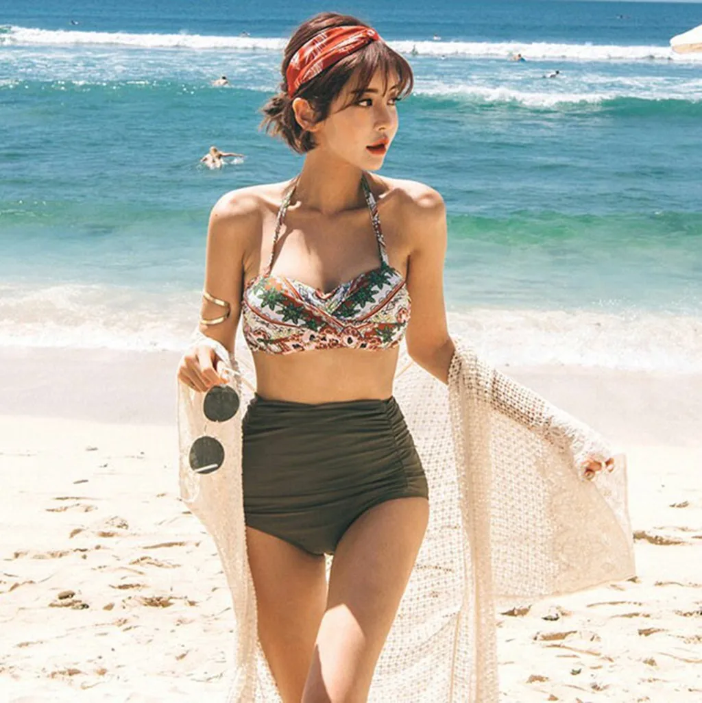 

Bikinis 2019 Mujer Women Sexy 2-Piece Flat Angle Sweet Print Bikini Korea Summer Swimwear Beachwear Bathing Suit Swimwear New