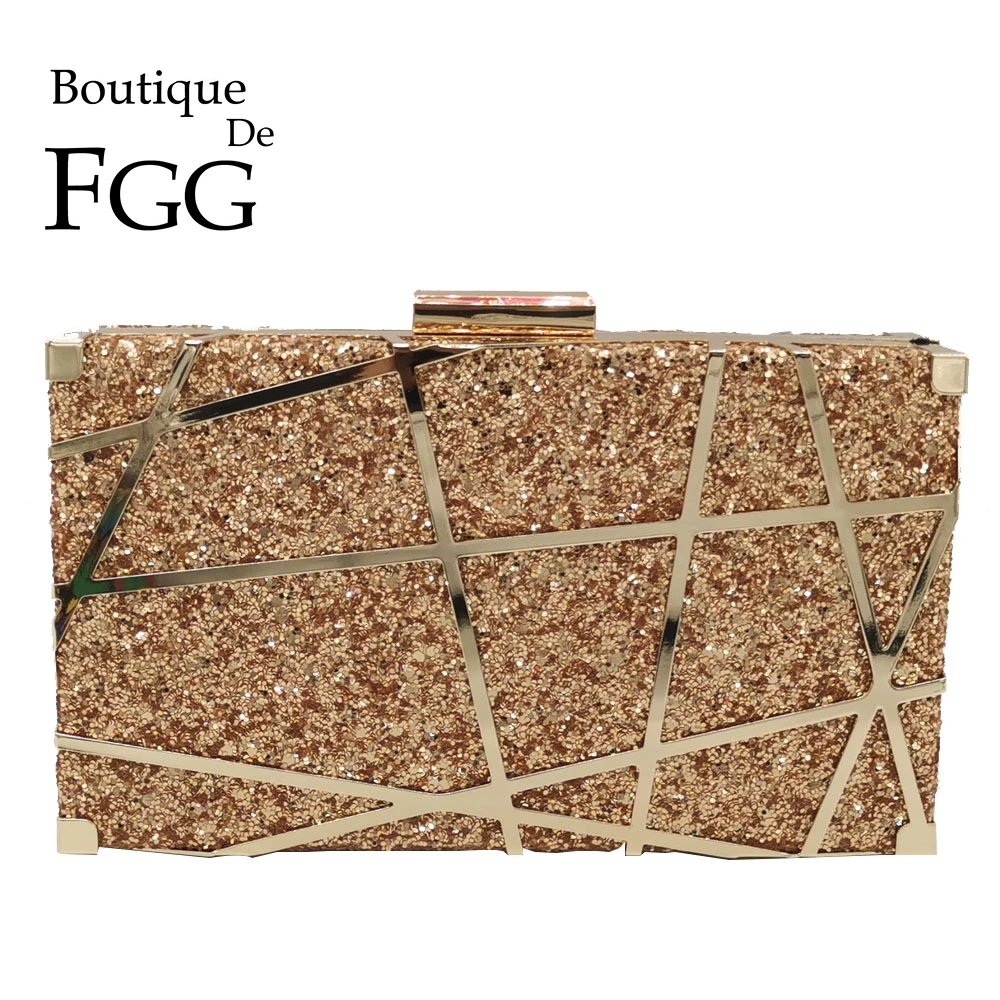 

Boutique De FGG Hollow Out Women Glitter Evening Bags Metal Clutches Chain Shoulder Crossbody Bag Ladies Party Box Clutch Purse