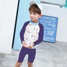 Новая модель, детский купальник из двух частей для мальчиков 1-14 лет, купальный костюм для новорожденных мальчиков голубой и белый цвета, детская одежда для купания, купальный костюм с шапочкой