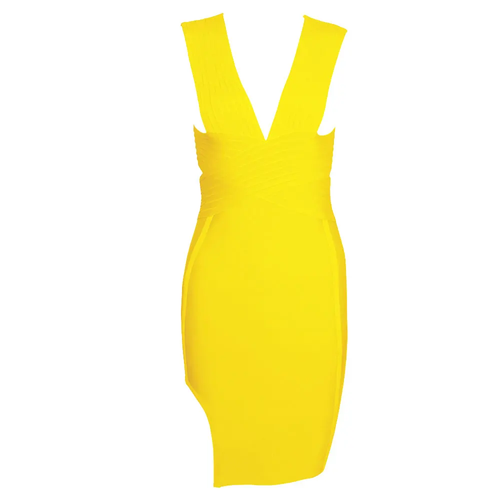 BEAUKEY белый сексуальный спагетти ремень раздельное Бандажное платье Глубокий v-образный вырез длина до колен платье плюс размер XL - Цвет: Цвет: желтый