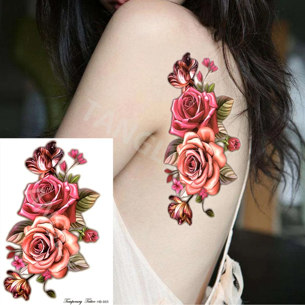 081 1 Pièce Indien Arabe Faux Tatouages Temporaires Autocollants 3d Rose Fleurs Bras épaule Tatouage étanche Pour Les Femmes Grand Sur Le Corps