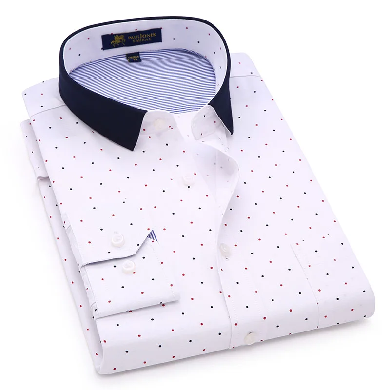 

Men's Long Sleeve Mini-polka Dot Pattern Dress Shirt Patch Chest Pocket Regular-fit Contrast Collar Casual Floral Print Shirts