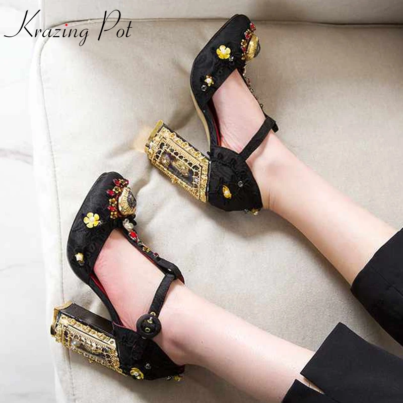 

Krazing Pot new oriental silk extreme fretwork high heels lip on women pumps luxury flowers metal fasteners round toe pumps L88