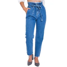 Женские шаровары, джинсы, Модные Винтажные джинсовые брюки с высокой талией и шнурком, свободные брюки длиной до щиколотки, женская одежда