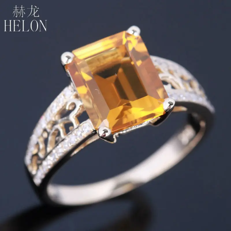 

HELON 10x8mm Emerald Cut Genuine Citrine Ring Soild 10K Yellow Gold Real Diamond Ring Engagement Wedding Ring Lady jewelry Ring
