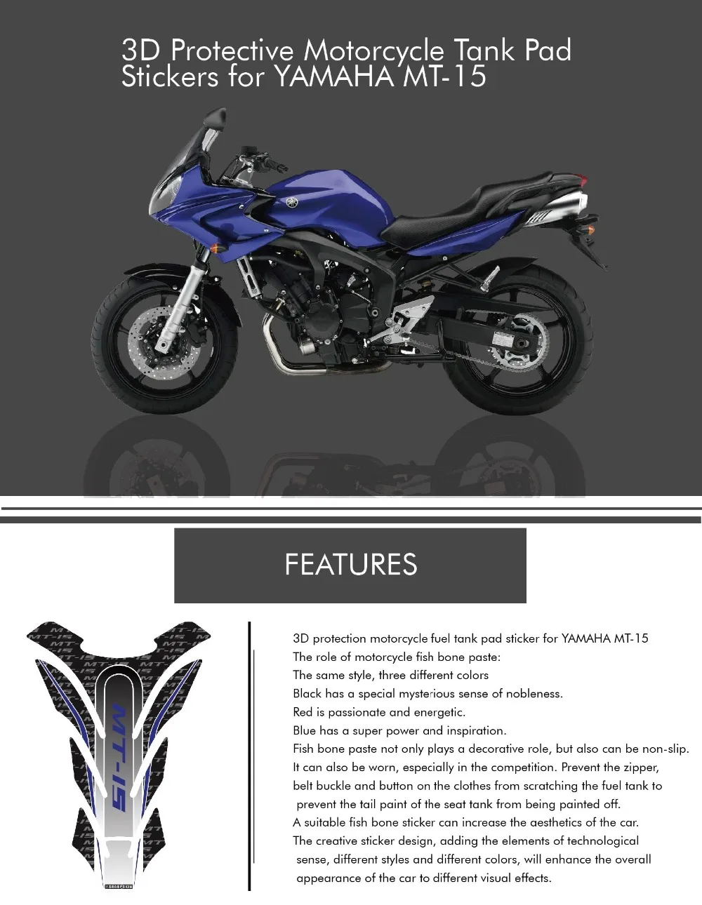 Motorcycle 3D fuel tank pad mt15 stickers protective decorative decals For YAMAHA MT-15 Fish Bone Stickers