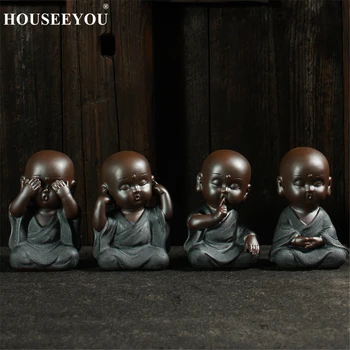 

Exquisite Purple Sand Monks Statues Kong Fu Tea Pets Ornaments Tea Tray Little Buddha Sculptures Home Office Crafts Tea Set