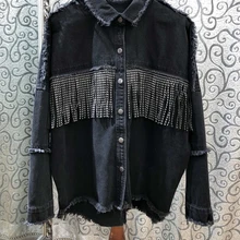 Осень, высокое качество, новинка, хлопок, женская белая/черная джинсовая куртка деним с бахромой, отделка бахромой и кисточками, стразы