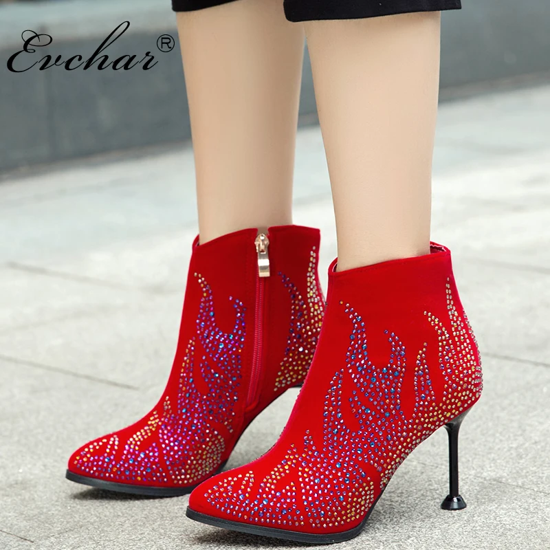 

EVCHAR antumn Winter Women Fashion High Heels short plush Boots Crystal Ankle Boots for Women Shoes Black Red Big Size 32-50