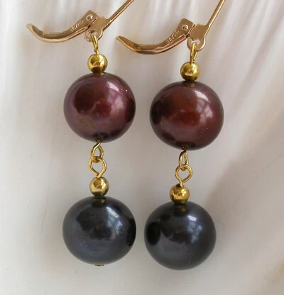 

wb002 round coffee black freshwater pearls dangle earrings 14K