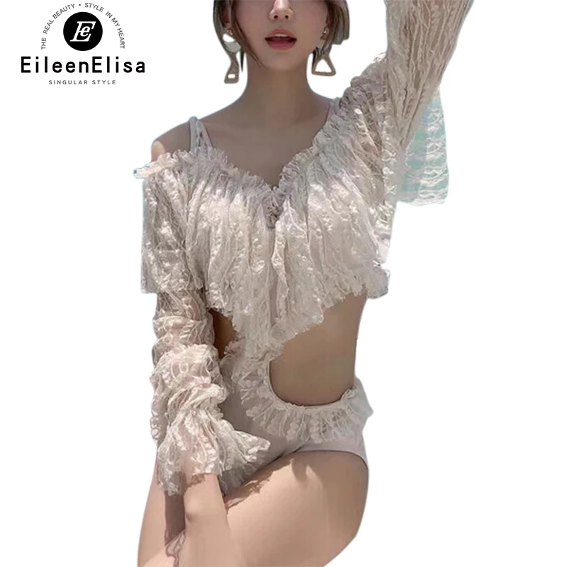 Brand Swimsuit Womens One Piece Swimsuit Summer Solid Lace Swimwear Long Sleeves Women