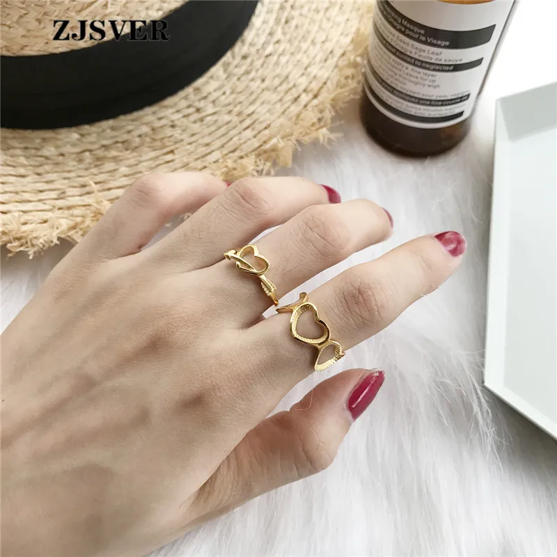 

ZJSVER 2Pcs Korean Jewelry 925 Sterling Silver Rings Gold Color Fashion Heart Shape Opening Adjustable Couple Ring For P