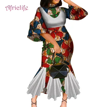 

2020 Fashion African Dresses Women Long Party Mermaid Dress Traditional African Print White Lace Bazin Riche Lady Dress WY3872