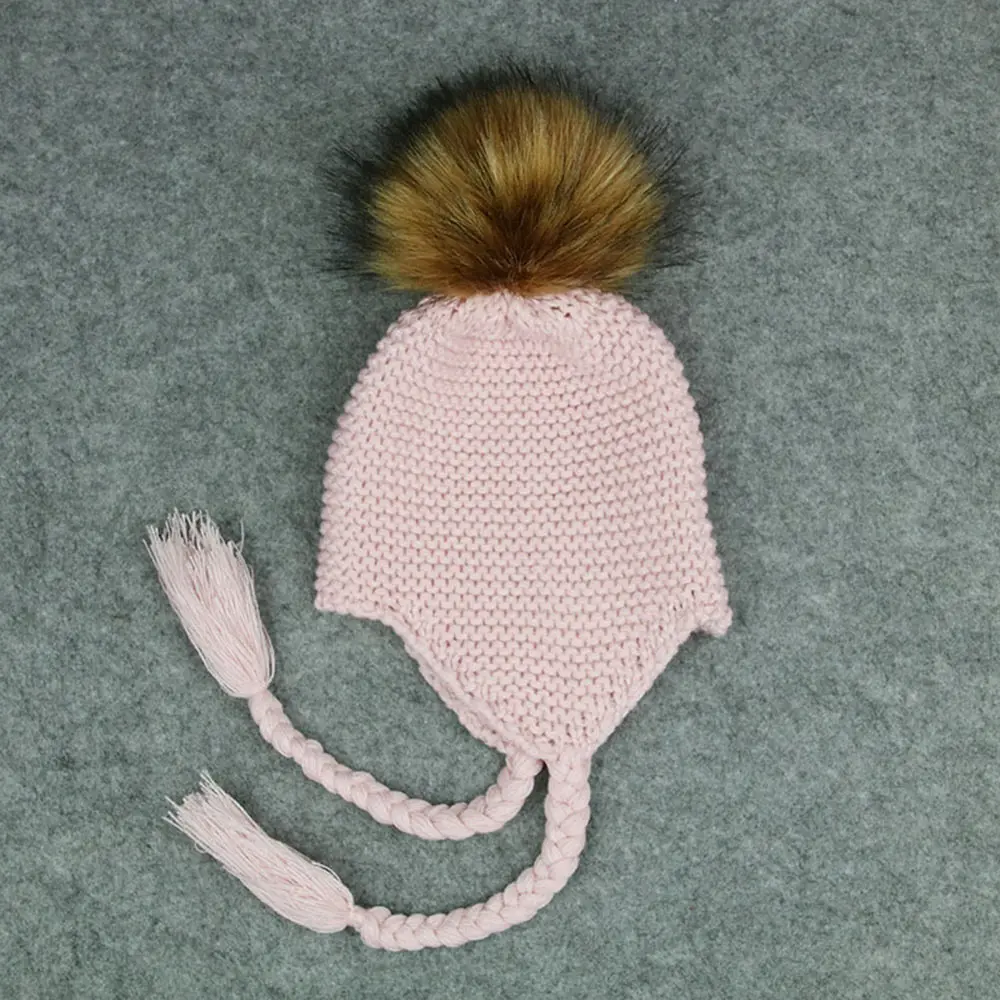 Детская зимняя шапка для маленьких мальчиков и девочек, меховая вязаная шапочка с помпоном, теплая вязаная детская шапка с ушками, милые аксессуары для малышей - Цвет: MZ3392D