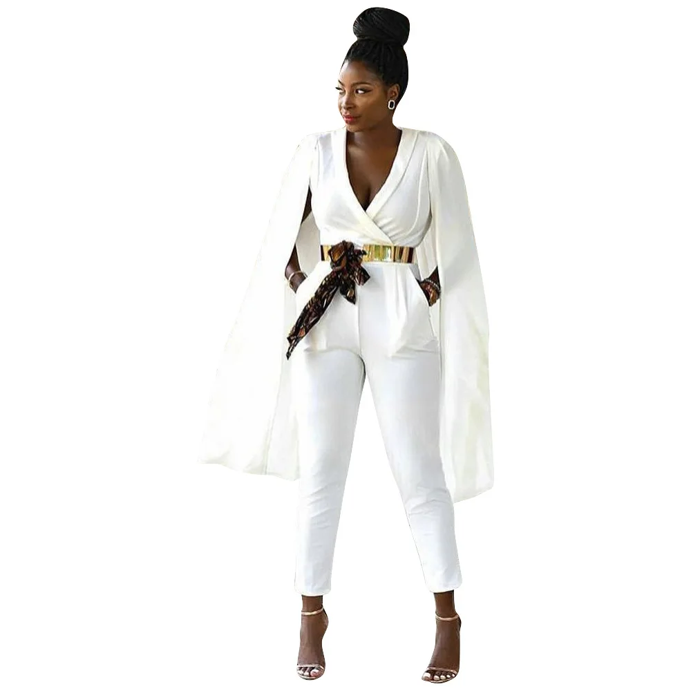 Women Elegant Office Jumpsuits Solid Wrap Coat White V