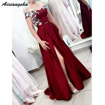 

Burgundy Muslim Evening Dresses 2019 A-Line Lace Satin with Slit Islamic Dubai Kaftan Saudi Arabic Long Evening Gown Prom Dress