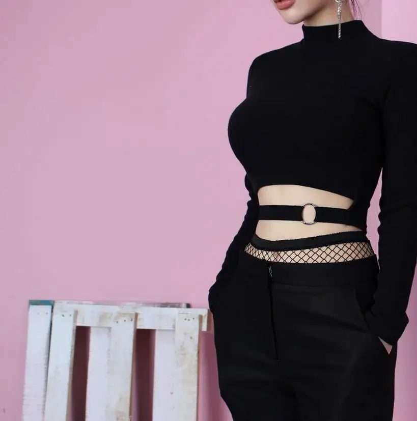 Black Gothic Tops Women Long Sleeve T-shirt Korean Sexy Creative  Navy-baring Tops With Ring High Waist Slim Chic Short T-shirt 3