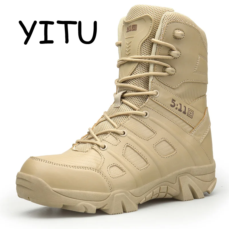 YITU 2018 Outdoor Leather Army Military Boots Tactical Men's Black Hiking Shoes Waterproof High-top Combat Boots Desert Sneakers