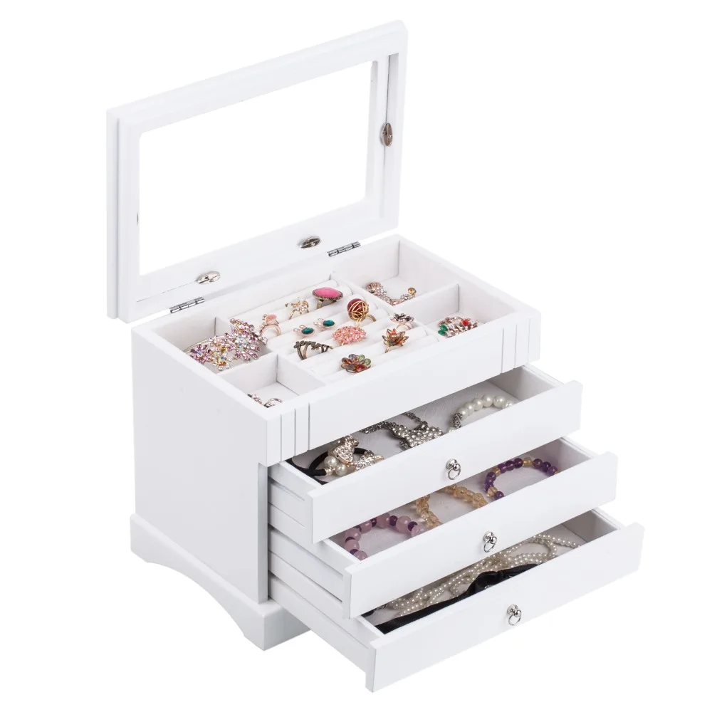 White Wooden Large Jewelry Box Glass Top Display Jewellery Storage