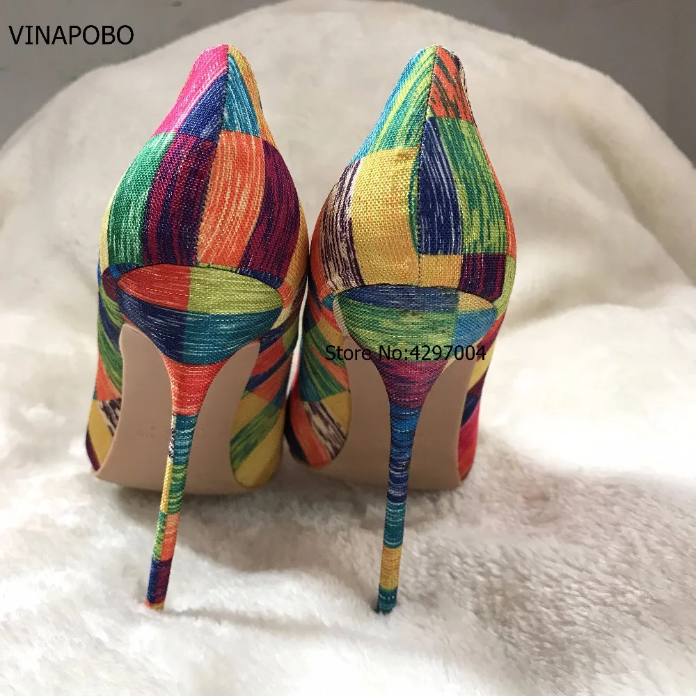 VINAPOBO/женские туфли-лодочки на высоком каблуке-шпильке; обувь с острым носком и разноцветными клетчатыми полосками; сезон осень; вечерние женские туфли; размер 43