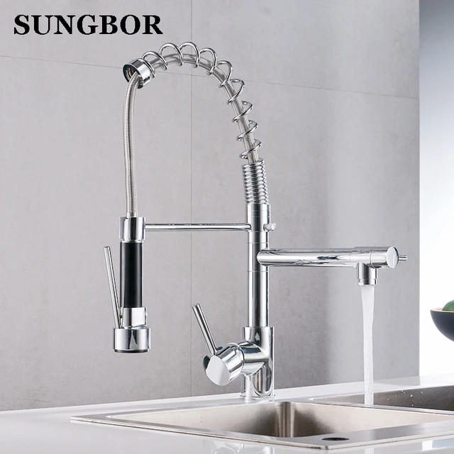 Best Offers Kitchen Faucet Chrome Silver Brass Pull Out Spring Kitchen Sink Faucet Swivel Spout Tall Vessel Mixer Tap Torneira Para Cozinha