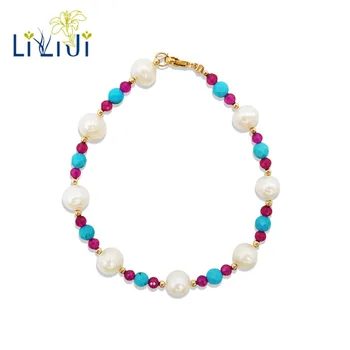

Lii Ji Freshwater Pearl,Dyed Turquoise,Lab-created Ruby 925 Sterling Silver 18K Gold Plated/9K GF Bracelet
